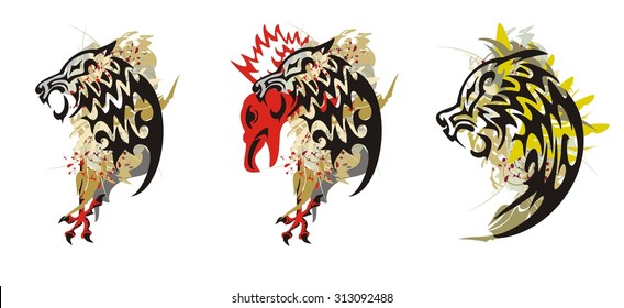 Wolf splashes. Grunge tribal aggressive wolf head. Three options 