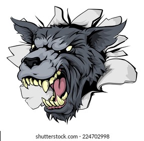 A wolf sports mascot or character breaking out of the background or wall