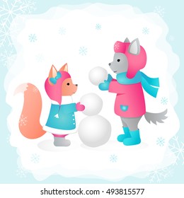 Wolf and Squirrel sculpts a snowman in a forest. Vector illustration. Perfect for design cards, invitations, posters, holiday decoration, printing on clothing, web design