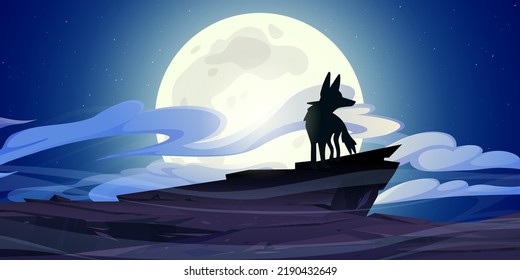 Wolf stand on rock cliff at night with full moon in dark starry sky. Wild animal silhouette stand on mountain top howl or searching prey. Werewolf, dog or coyote cartoon character, Vector