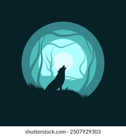 A wolf is standing in a forest and howling. The image has a mood of loneliness and solitude