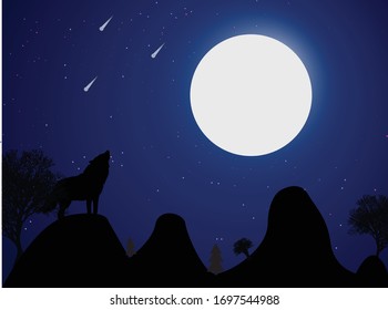Wolf steht auf dem Berg und sieht zum Mond. Der Himmel ist voller Sterne.