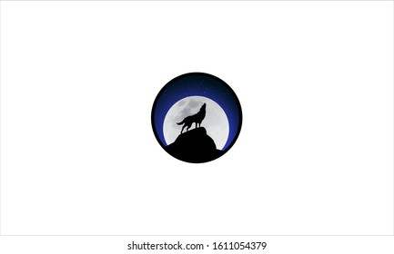 Wolf standing on mountain in front of moon in flat vector minimalist logo design vector