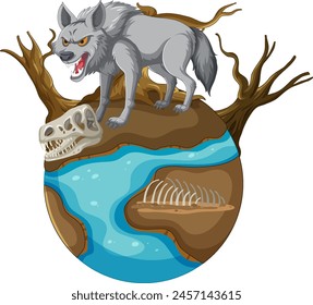 Wolf stands atop globe with water and fossils.