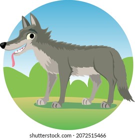 wolf stands with his tongue outstretched
