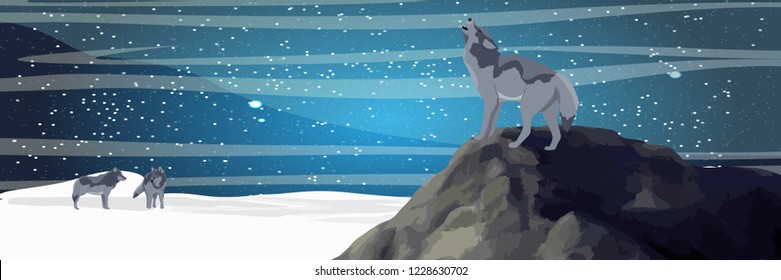 A wolf stands on a rock and howls at the moon. A pack of wolves in a winter valley. Starry northern night. Realistic Vector Landscape