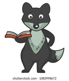 Wolf stands with small book in red hardcover