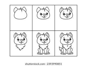 Wolf. Step by step drawing. Coloring page, coloring book page. Black and white vector illustration.