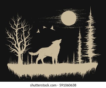 Wolf in the strange forest.Animal silhouette.Hand drawn vector illustration