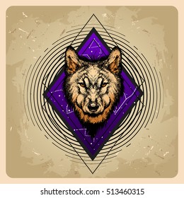  wolf in the style of tattoo in the night sky