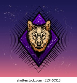  wolf in the style of tattoo in the night sky