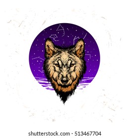  wolf in the style of tattoo in the night sky  