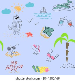 A wolf in the summer rests on the sea. Seamless pattern.