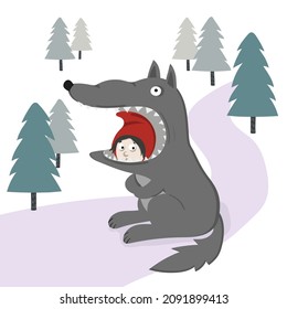 Wolf Swallowed Little Red Riding Hood. Vector Fairy Tale Illustration.