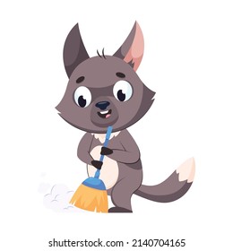 Wolf Sweeping Trash With Broom Cartoon Vector Illustration. Pretty Gray Mammal Standing And Cleaning Floor, Tidying Up House. Wildlife Animal, Predator, Housework Concept