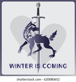 Wolf, A Sword And Heart.  WINTER IS COMING The Elements Of The Heraldry Of House Stark. A Song Of Ice And Fire. Emblem Sticker. Vector Image.