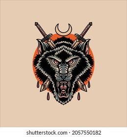 wolf and swords tattoo vector design