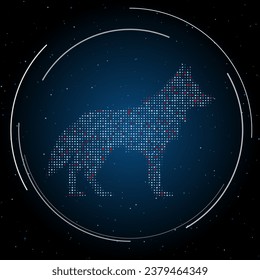 The wolf symbol filled with white dots. Pointillism style. Some dots is red. Vector illustration on blue background with stars