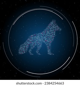 El símbolo del lobo lleno de puntos blancos. Estilo de puntillismo. Algunos puntos son rosas. Ilustración vectorial sobre fondo azul con estrellas