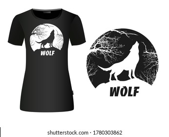 The wolf symbol howling on the moon. T-shirt printing. Vector illustration