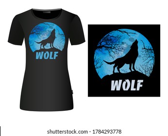 The wolf symbol howling on the moon. T-shirt printing. Vector illustration