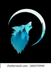 The wolf symbol howling on the moon. Vector illustration