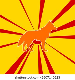 Wolf symbol on a background of red flash explosion radial lines. The large orange symbol is located in the center of the sun, symbolizing the sunrise. Vector illustration on yellow background