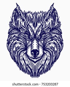 Wolf tattoo. Native american style t-shirt design. Wolf head tribal art