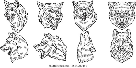 wolf tattoo set, wolf head illustration set of wolf head, wild tattoo set, vectro illustration, wolf hand drawing