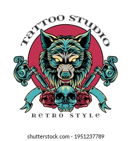 wolf tattoo studio retro style illustration for your merchandise or business
