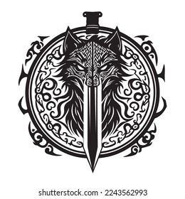 Wolf tattoo in traditional Celtic style. Ornamental vintage wolf predator, black and white tattoo, decorative retro style. Isolated vector illustration.