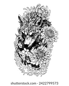 Wolf tattoo vector , Courage in Bloom: Symbolic Strength and Determination through Wolf and Floral Tattoo	
