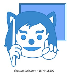 wolf teacher with a pointer in hand standing around a blackboard and pointing his finger up, simplistic facial expression vector illustration, circle shaped cartoon character