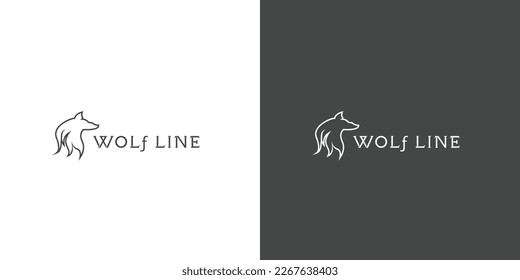 Wolf text logotype mark silhouette logo design illustration. Simple flat linear alphabet with a ferocious creature roaring is a creative idea icon. Dangerous fanged mammals.