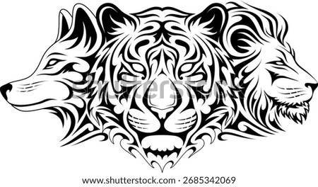 Wolf Tiger and Lion as decorative tattoo drawing in tribal art style