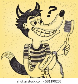 Wolf with toothpaste and toothbrush, trying to figure out how to use them. Vector illustration in old comics style.