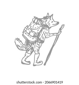 Wolf tourist with a backpack walks with a stick