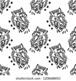 wolf traditional tattoo seamless doodle pattern