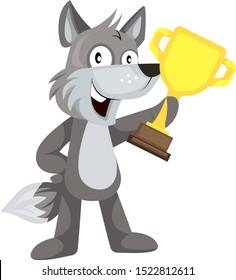Wolf with trophy, illustration, vector on white background.