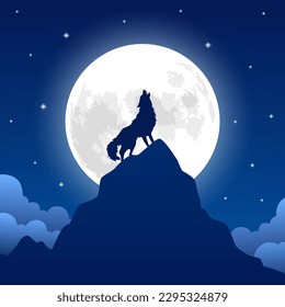 Wolf under the moonlight illustration vector graphic with night sky color theme, good use for animals and wildlife design