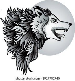 wolf vector, abstract illustration, black gray, moon background, tattoo