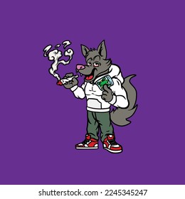 wolf vector character animal cartoon mascot smoking blunt and joint from weed flower nug cannabis marijuana