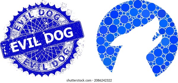 Wolf Vector Collage Of Round Dots In Different Sizes And Blue Color Tints, And Distress Evil Dog Stamp Seal. Blue Round Sharp Rosette Stamp Seal Includes Evil Dog Tag Inside It.