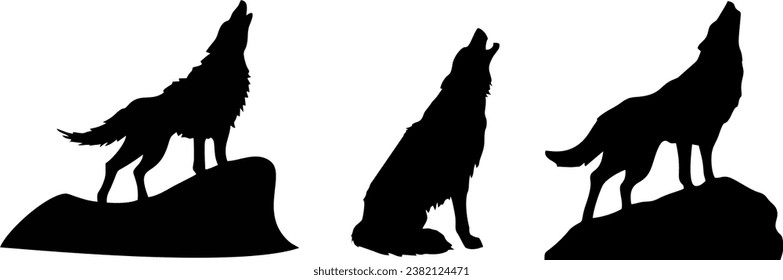 Wolf vector, printable collection, howling wolf, three wolves on rock, wild animal, courage and bravery symbol, icon drawing black
