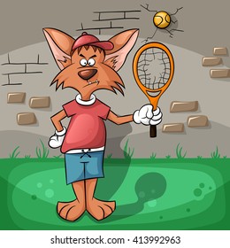 The wolf very hard playing tennis