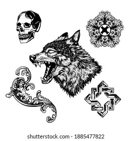 wolf, vintage ornaments and skull illustrations design pack