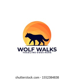 Wolf Walks in Sunset Illustration Design Vector Template. Suitable for Creative Industries, Multimedia, Entertainment, Education, Social, Cooperation, Shops, and other related businesses.