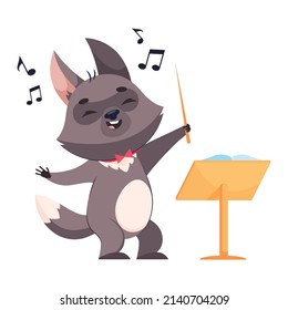 Wolf waving conductors baton cartoon vector illustration. Happy animal conductor character standing near music rest with closed eyes, singing. Wildlife animal, predator, art concept