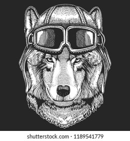 Wolf wearing aviator hat. Print for children clothes, tee, t-shirt. Pilot wild animal