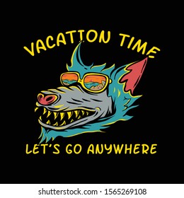 Wolf wearing glasses for vacation.  Beach in the glasses. Animal hand drawn summer style. Vacation time and let's go anywhere